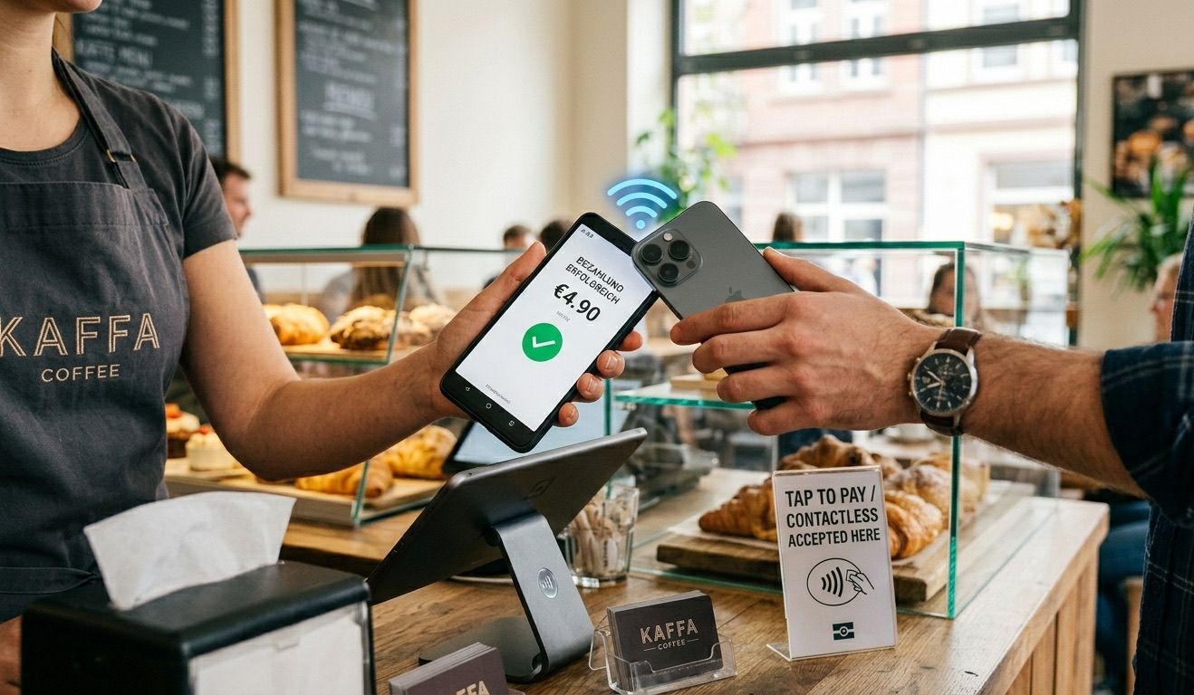 Barista hält Android-Smartphone als Tap-to-Pay-Terminal — Kunde zahlt mit iPhone kontaktlos im Coffee-Shop